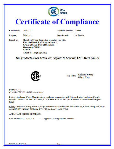 China Shenzhen Mysun Insulation Materials Co., Ltd. zertifizierungen